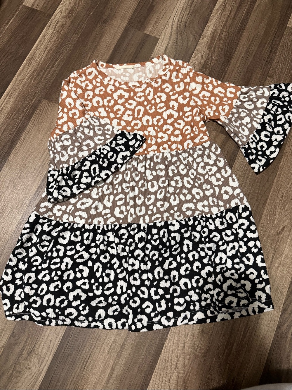 Girls' Tiered Leopard Print Dress in Rust, Taupe & Black